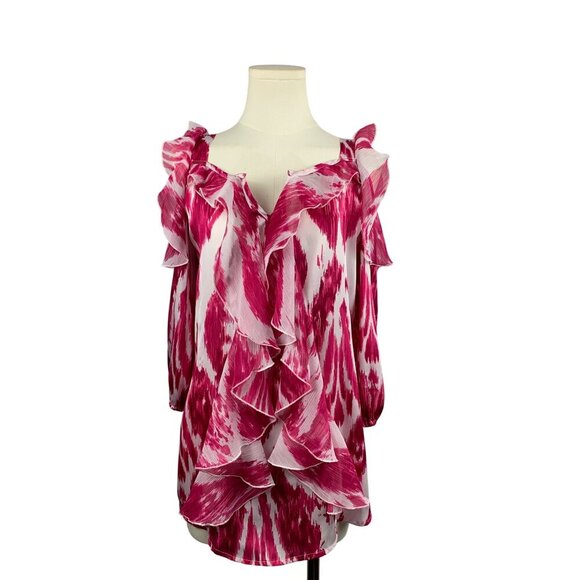 Womens Off-Shoulder Ruffle Pink Ikat Blouse  XS - Picture 4 of 6